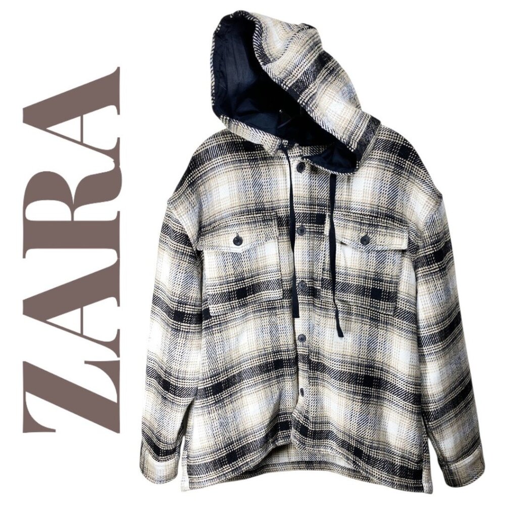 ZARA MEN’S WOOL‎ BLEND PLAID SHACKET HOOD BEIGE BLACK WHITE, SIZE LARGE
